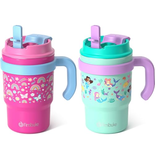 Fimibuke 16oz Kids Insulated Tumbler with Handle & Straws - 2 Pack BPA FREE 18/8 Stainless Steel Toddler Cups with Sip/Swig 2-in-1 Lids, Leak Proof Kid Drinking Cup Travel Mugs for Children Boys Girls - color: B3.Rainbow & Mermaid
