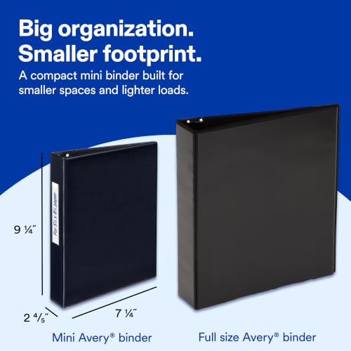 Avery Mini 3 Ring Binder, Holds 5.5" x 8.5" Paper, 2" Round Rings, 375-Sheet Capacity, 2.8 Inch Wide Spine, Label Holder, 1 Black Binder, Great for Home, Office, School Supplies, and More (27554) - size: 2"