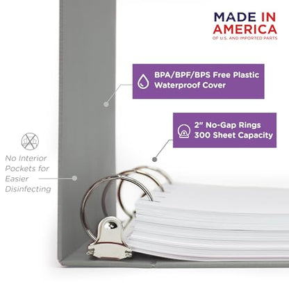 Carstens 2-Inch Heavy Duty 3-Ring Binder - Side Opening, Ash Gray, Durable Plastic, Precision No-Gap Rings, Waterproof Cover, No Pockets, Holds 300 Letter-Sized Sheets, BPA-Free, Made in USA (2822-3R) - color: Gray, size: Individual