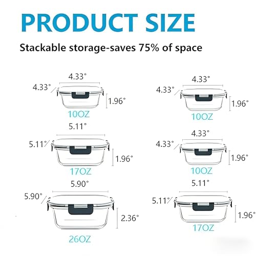 [6-piece set] Glass food preparation and storage containers with lids that provide a good seal. Glass lunch boxes that are microwave, oven, freezer, dishwasher safe. (Rectangle)