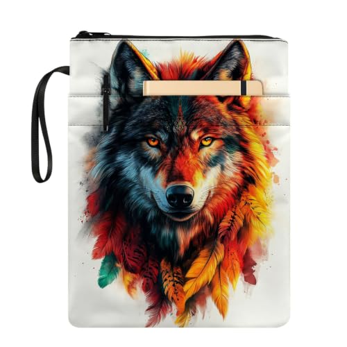 Padded Book Sleeve with Zipper & Front Pocket, Fabric Book Cover | Watercolor Rainbow Wolf Art11.4"x8.7" Washable Canvas Pouch for Hardcovers, Tablets & Reading Accessories - color: Watercolor Rainbow Wolf Art