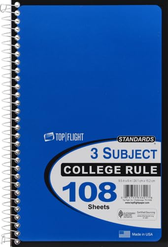 Top Flight Standards 3-Subject Wirebound Notebook, 108 Sheets, College Rule, 9.5 x 6 Inches, 1 Notebook, Cover Color May Vary (33601)