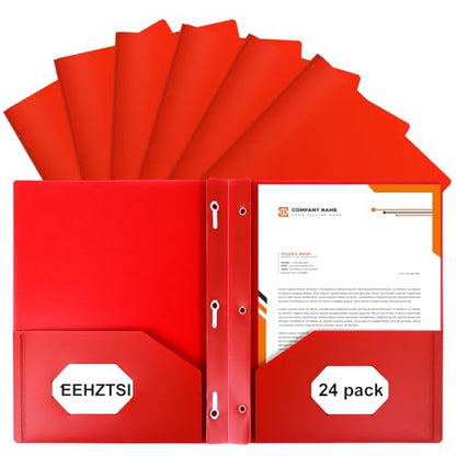 24-Pack Plastic Folders with Pockets and Prongs,2-Pocket Folders with 3 Fasteners, Holds 8-1/2" x 11" Paper for School/Office/Home, Red - color: Red, size: 24-Pack