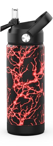 Boys Girls Water Bottle with Straw,18 oz Kids Insulated Cups with Stainless Steel Leak Proof for School,Sport&Travel（Lightning-Red） - color: A15.Lightning-R