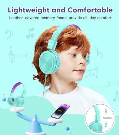 Cowyawn Kids Headphones, Toddler Headphone with Safe Volume Limiter 94dB, Wired School Headphones for Kid, 3.5mm Adjustable On-Ear Headphone for Boys/Girls/Children/Teens/iPad/Computer, Purple Green - color: Purple Green