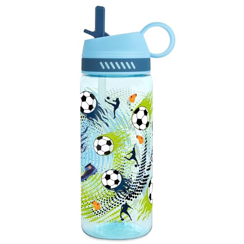 Soccer Kids Water Bottle for School 19oz with Straw Pop-Up Spout Cover and Carry Handle, Leak Proof Water Cup for Boys, Plastic Waterbottle for Sport Travel - color: Soccer Blue, size: 20.3 Ounces
