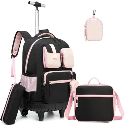 Rolling Backpack for Girls 8-12 Backpack with Wheels for Girls Black Backpacks for School with Lunch Box Backpacks Set for Teen Roller School Bag with Wheels - color: Solid Black