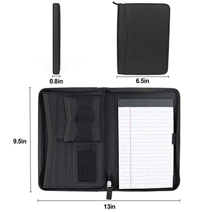 Mini Leather Zippered Padfolio Portfolio Binder 5 x 8 Legal Writing Pad, Professional Business Portfolio for Men & Women, Card Holder, Notepad Clipboard Holder (Black) - size: Black-9.5x6.5x1 inch