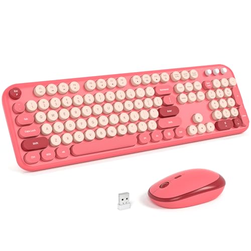 Dilter Wireless Keyboard Mouse Combo, Typewriter Full Size Keyboard with Number Pad and 2 in 1 USB Connected Mouse for Windows 7/8/10, Laptop, Desktop, PC, Computer - color: Hot Pink