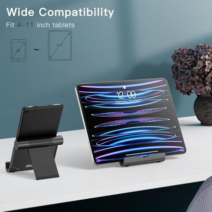 JETech Foldable Tablet Stand for 4-11" Tablets and Phones, Black | Adjustable Portable Desktop Holder, Foldable Dock for iPad/iPad Pro/Air/Mini, Galaxy Tab A8/A7 Lite/A7/S8/S7, Kindle, etc - color: Black