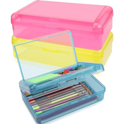 SFLHHDM Large Pencil Box, Double Layer Capacity Pencil Holders, Hard Pen Case with Snap-tight Lid, Plastic Pencils Case for Office School, Pen Boxes Storage Organizer (Blue+Yellow+Pink-3Pcs) - color: Blue+Yellow+Pink-3Pcs
