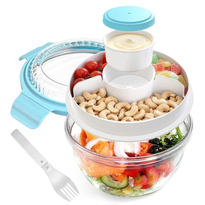 WHALEHOUSE Clear Eco-friendly SK chemicals ECOZEN Salad Container, 33OZ Portable Plastic Salad Bowls with Lid & Snack Tray, Leak-Proof Dressing Container, Reusable Fork, Lunch Box for Meal Prep (Blue) - color: Blue