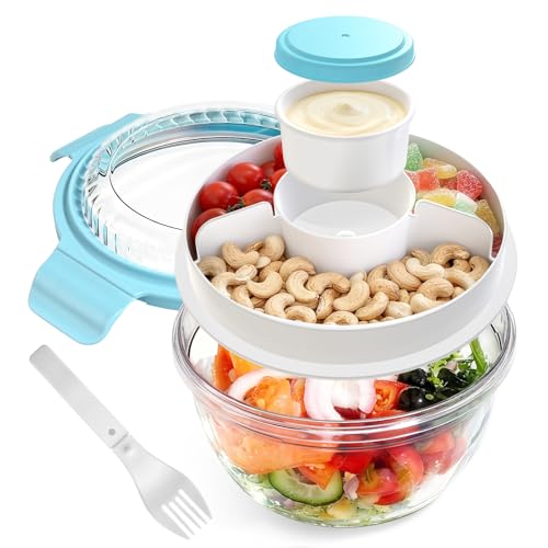 WHALEHOUSE Clear Eco-friendly SK chemicals ECOZEN Salad Container, 33OZ Portable Plastic Salad Bowls with Lid & Snack Tray, Leak-Proof Dressing Container, Reusable Fork, Lunch Box for Meal Prep (Blue) - color: Blue