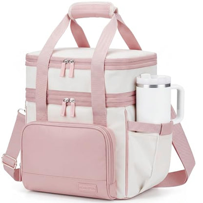 HOMESPON Double Layer Lunch Bag for Women Men, 14L Large Insulated Lunch Box with Shoulder Strap, Expandable Cooler Tote with Cup Holder for Work Office Picnic, Pink - color: Pink