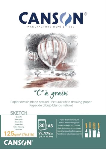 Canson C à Grain A3 125g White Drawing & Sketching Paper Pad, 30 Sheets, Fine Grain Texture, Glued on Short Side, Ideal for Professional Artists - size: A3, style: 125gsm