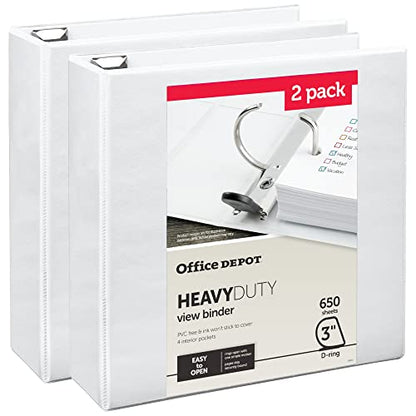 Office Depot® Heavy-Duty View 3-Ring Binder, 3" D-Rings, White, 49% Recycled, Pack of 2