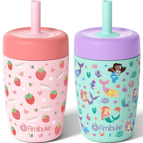 Fimibuke Kids & Toddler Cups Spill Proof, 12 OZ Insulated Sippy Cups for Toddlers Boys Girls, BPA-Free Toddler Straw Tumbler, Stainless Steel Kids Water Bottle with Twist Lids & Silicone Straw, 2 Pack - color: Strawberry & Mermaid