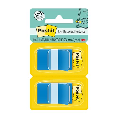Post-it Flags, 1 in. x 1.7 in., Two Dispensers with 50-Count Bright Blue Sticky Tabs Per Dispenser (100 Flags Total), Removable Page Markers for Textbooks, Notebooks, Planners, and Study Materials