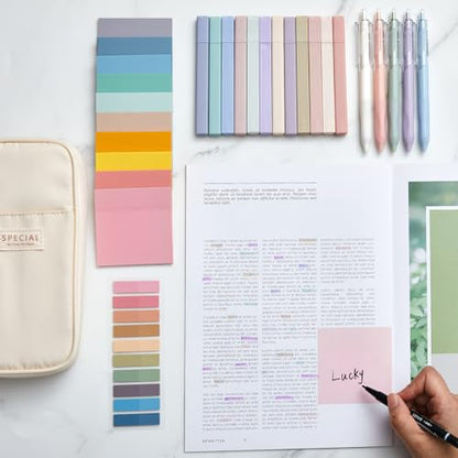 Jutom 39 Pcs Aesthetic Book Annotation Kit Highlighter with Case Bag Gel Pen Transparent Sticky Note Taking Bible Supplies(Cream,Cute Style) - color: Cream, style: Cute Style