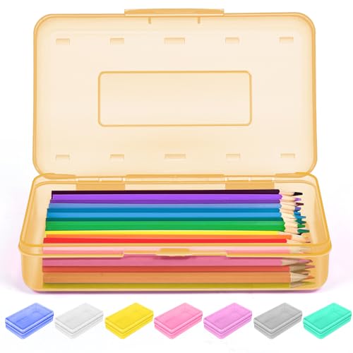 Sooez 1 Pack Pencil Case, Clear Pencil Box with Stickers, Large Plastic Crayon Box with Snap-tight Lid, Stackable Storage Art Craft Marker Organizer for Kids Boys Back to School, Orange - color: Orange