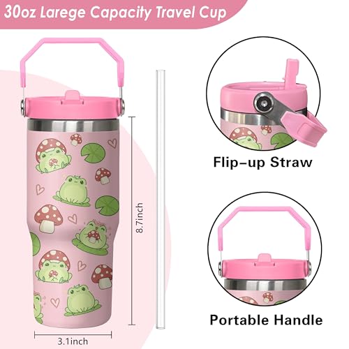 Queen Hero 30 oz Frog Tumbler with Handle, Large Insulated Tumbler with Flip & Straw Coffee Mug Cup Stainless Steel Gifts for Women Men Youth - color: Green Pink