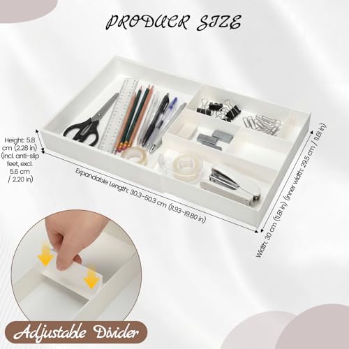 Yalikop Plastic Desk Drawer Organizer 12 x 20 Inch Large White Expandable Drawer Organizer Trays with Extendable Tray Adjustable Student Desk Organizing Tray for Makeup Office School Supplies