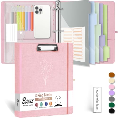 3 Ring Binder, 1 Inch Linen Binders Organizer for Letter Size (8.5" x 11") Paper with 5-Tabs Pockets Dividers, BVSSX Leather Three Ring Binders with Clipboard, Plastic Folder, Pen Loop - Pink Tulips - color: 1-pink Tulips, size: 1in（Letter Size）