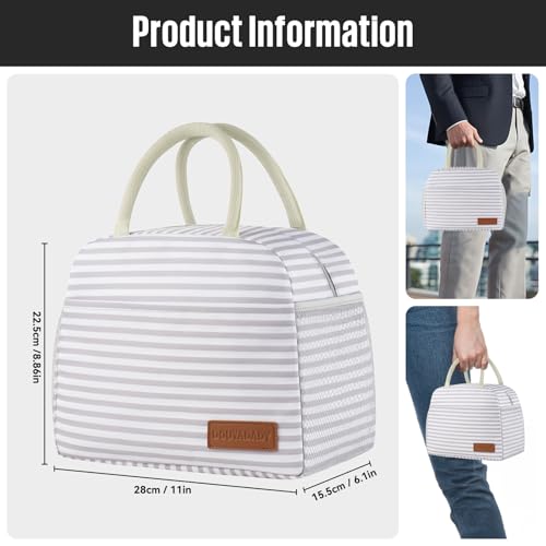 douyadady Lunch Bag Women/Men Lunch Box Women/Men (Grey+White Stripes) | Spacious Lightweight Waterproof Sturdy Durable Great Value For Office Work School Picnic Travel - color: Grey+White Stripes