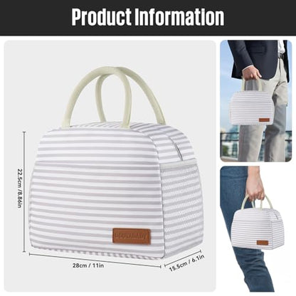 douyadady Lunch Bag Women/Men Lunch Box Women/Men (Grey+White Stripes) | Spacious Lightweight Waterproof Sturdy Durable Great Value For Office Work School Picnic Travel - color: Grey+White Stripes