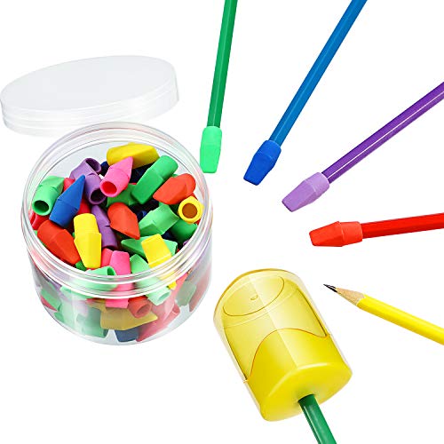 Maitys 50 Pcs Colorful Pencil Top Erasers Cap Erasers and Pencil Sharpener with Random Colors for Students Teachers School Office