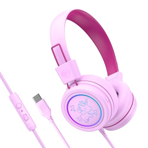 MEE audio KidJamz KJ55 Safe Listening USB-C Headphones for Children with Multicolor LED Lights, Volume Limiter, & Microphone; On-Ear Wired Kids Headset for iPhone 16, iPad, & USB Type C Devices (Pink) - color: Pink, style: USB-C Standard