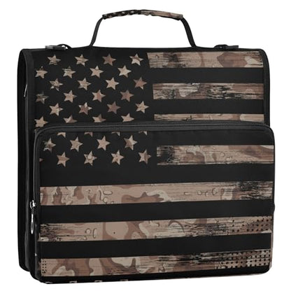 Fisyme American Flag Camouflage Zipper Binder 3 Ring with Zipper and Shoulder Strap Large Capacity Multi-Pocket Binder Organizer - color: Multi-brown Camo