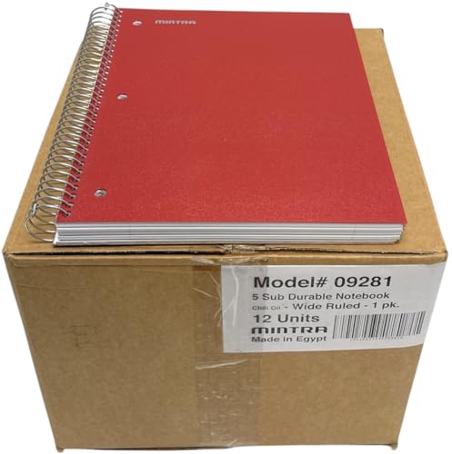 Mintra Office Durable Spiral Notebooks, 5 Subject (Chili Oil, Wide Ruled 12pk) - color: Chili Oil, size: Wide Ruled 12pk