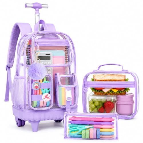 WZLVO Clear Backpack Rolling Backpack for Girls Women, Heavy Duty PVC Transparent Bookbag, See Through Wheeled Backpacks Set for Teens Elementary Travel - Purple - color: Purple