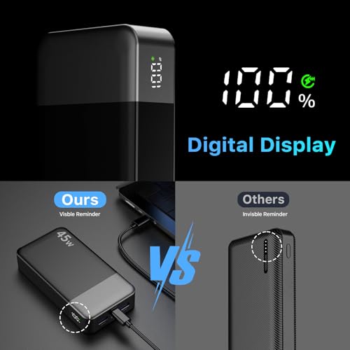 NOBIS Portable Charger, 20000mAh Power Bank, 45W Power Bank Fast Charging, Battery Pack with C to C Cable, Battery Bank with Digital Display for iPhone Android Laptop etc(Black) - color: Black