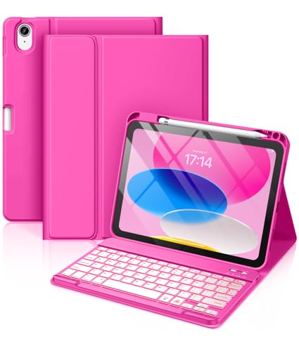 Hamile for iPad 11th 10th Generation Case with Keyboard - 7 Colors Backlit Wireless Detachable Folio Keyboard Cover with Pencil Holder for iPad 11-inch A16 2025 10th Gen 10.9 Inch 2022 (Hot Pink) - color: Hot Pink