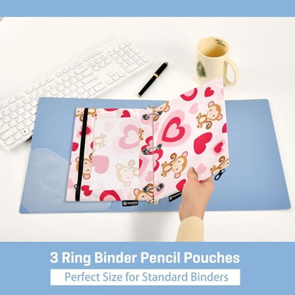 Fustylead Pencil Pouch for 3 Ring Binders, Big Capacity Zipper Pencil Bag with Clear Window Organizer for Cosmetic Office School Supplies 2 Pack (Monkey Love) - color: Monkey Love