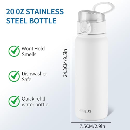 GOPPUS Insulated Water Bottle 20oz Stainless Steel BPA-Free Sports Bottle Ideal for School and Travel Silicone Spout Lid Prevents Leaks, Sweat, and Dust (White) - color: White