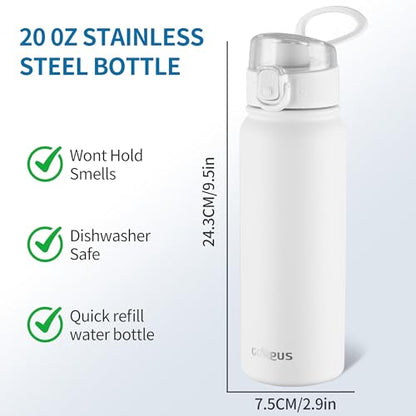 GOPPUS Insulated Water Bottle 20oz Stainless Steel BPA-Free Sports Bottle Ideal for School and Travel Silicone Spout Lid Prevents Leaks, Sweat, and Dust (White) - color: White