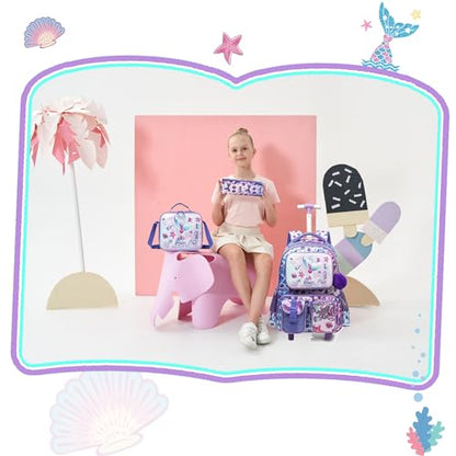 Meetbelify Mermaid Rolling Backpack with Wheels for Girls Rolling Backpacks with Lunch Box for Elementary School Students 3 in 1 Kids Travel Luggage Suitcase for Girls Age 8-10 - color: Girl 05