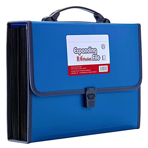 FANWU 26 Pockets Expanding File Accordion Folder with Handle - Letter A4 Paper Size - Expandable Large Plastic File Folder Wallet Monthly Portable Document Organizer with Flap & Buckle (Blue)