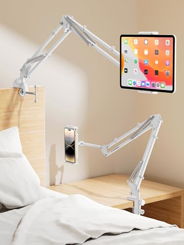 CACENCAN 33.5 Inch Tablet Stand, Adjustable Gooseneck Tablet Arm, Universal Tablet Holder Stand for Bed Desk, 360° Rotation, Carbon Steel Alloy, Fits 4-9.5" iPad iPhone, for Working Watching Movies - color: White