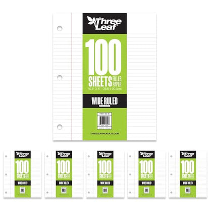 THREE LEAF 100 SHEETS WIDE RULED FILLER PAPER, PACK OF 6, LOOSE-LEAF SHEETS FOR SCHOOL AND OFFICE 100 CT. FILLER PAPER, NOTEBOOK PAPER - color: Wide Ruled, size: Pack of 6