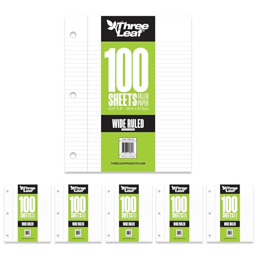 THREE LEAF 100 SHEETS WIDE RULED FILLER PAPER, PACK OF 6, LOOSE-LEAF SHEETS FOR SCHOOL AND OFFICE 100 CT. FILLER PAPER, NOTEBOOK PAPER - color: Wide Ruled, size: Pack of 6