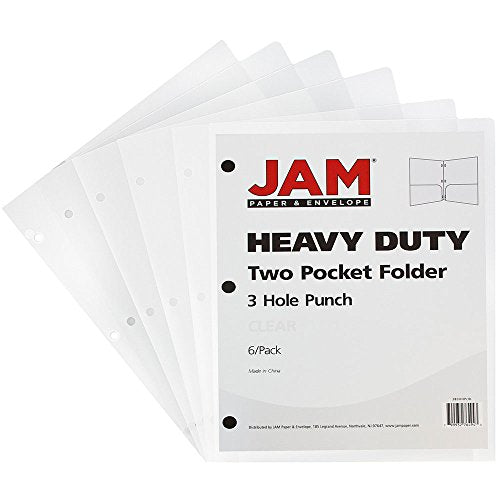 JAM PAPER Heavy Duty Plastic 3 Hole Punch Pocket Folders - Extra Tough School Folders - Clear - 6/Pack - color: Clear, size: 6 Per Pack