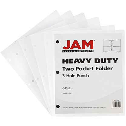 JAM PAPER Heavy Duty Plastic 3 Hole Punch Pocket Folders - Extra Tough School Folders - Clear - 6/Pack - color: Clear, size: 6 Per Pack