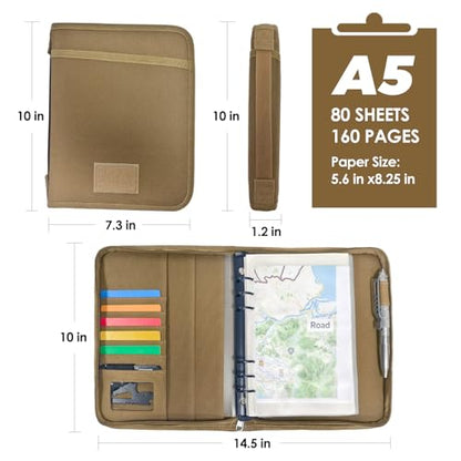 Tactical Notebook Cover, A5 Padfolio 6 Ring Binder with Big Back Pocket & Hand Strap, Zippered Hardcase Planner for Journal, College, Office, Field (Khaki, A5(7.3 x 10 inches)) - color: Khaki, size: A5