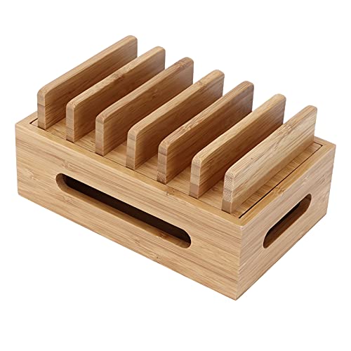 Wooden Charging Station Organizer, Stylish Retro Adjustable Multiple Device Charging Station Rack with Cable Box Organizer for Laptop Tablets Pads Smartphones