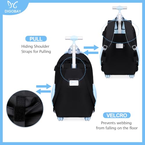 DIGOBAY Rolling Backpack for Girls, Cute Roller School Bag with Wheels, Kids Wheeled Backpacks Set with Lunch Bag Pencil Case for Teen Girls Kindergarten Elementary Middle School - color: Black-blue