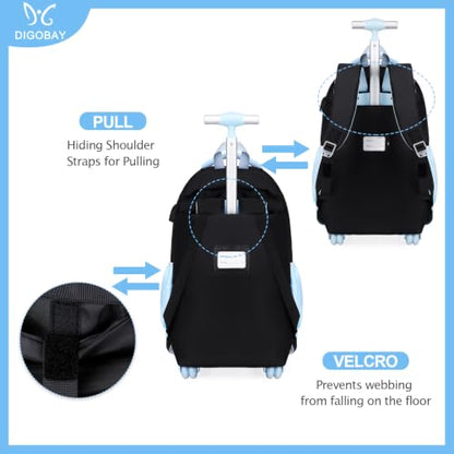 DIGOBAY Rolling Backpack for Girls, Cute Roller School Bag with Wheels, Kids Wheeled Backpacks Set with Lunch Bag Pencil Case for Teen Girls Kindergarten Elementary Middle School - color: Black-blue